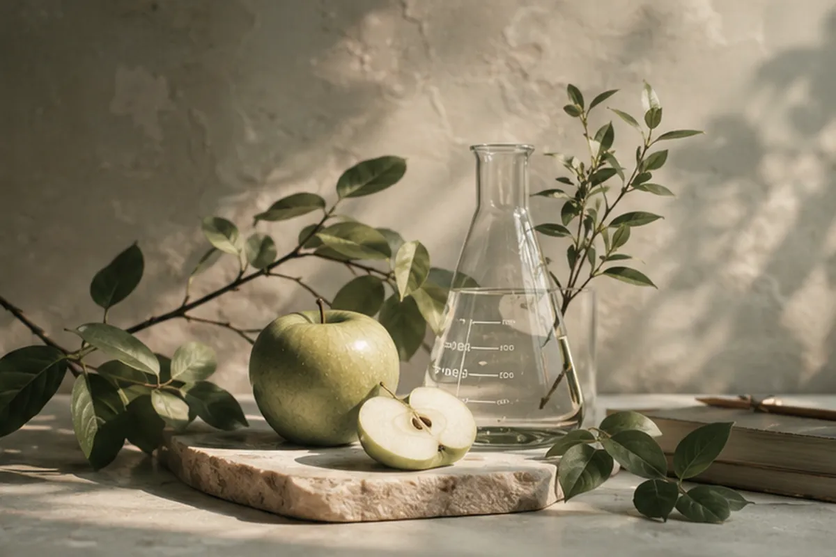 Still life of a green apple, halved, beside a glass flask and leafed branches