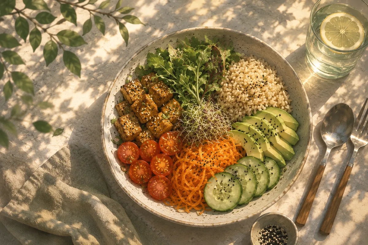 A balanced meal in dappled light — grains, avocado, carrots and greens on linen