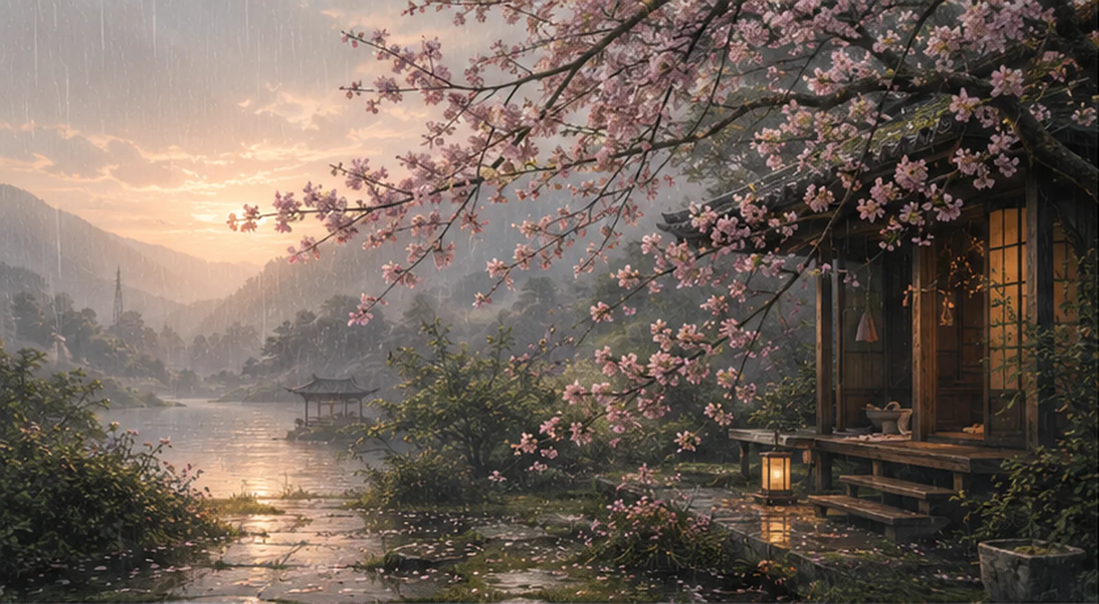 Morning rain over a blossom garden by the river — petals drifting past a wooden house