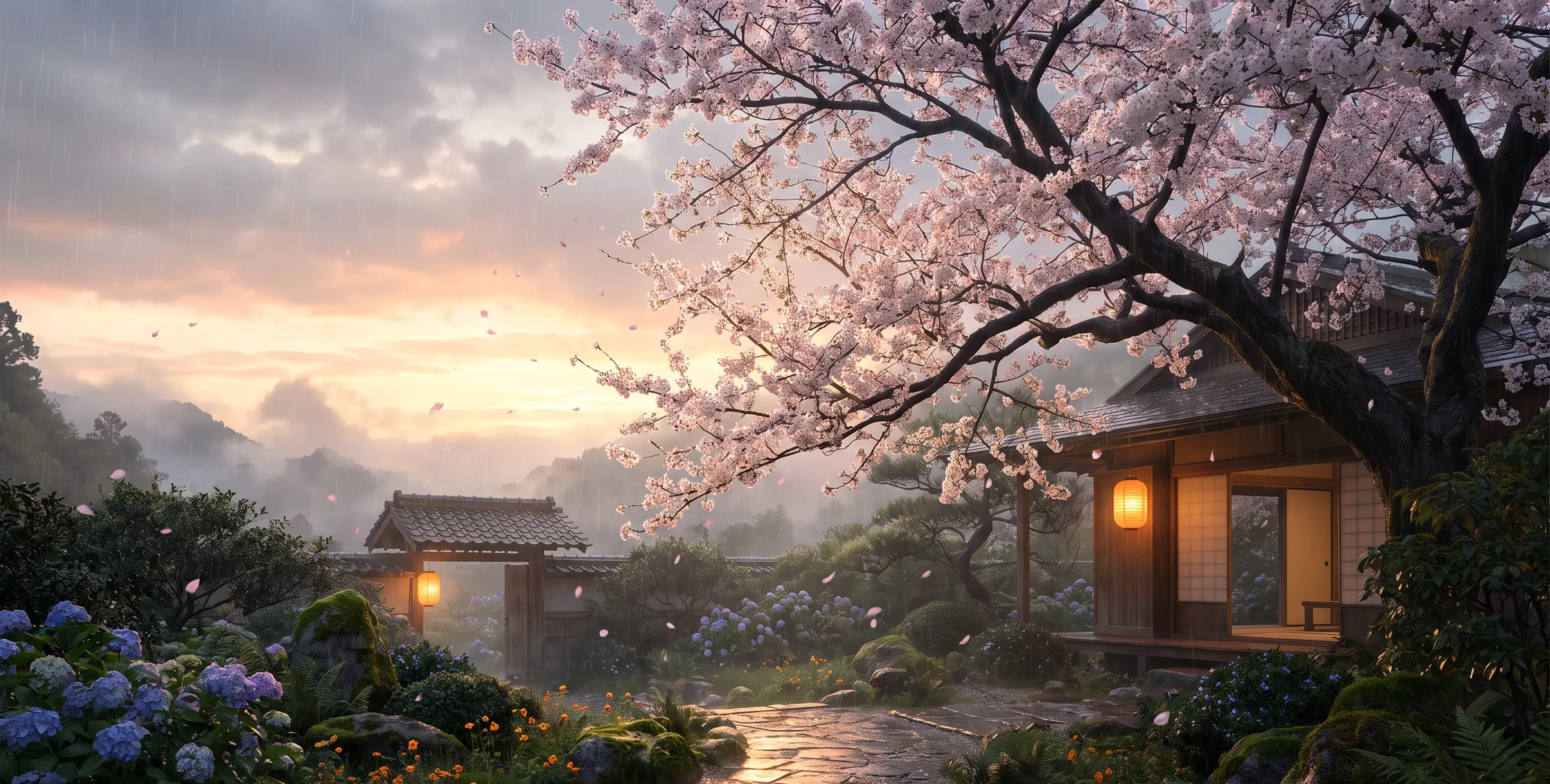 The same garden veiled in rain and mist — lanterns lit by the gate, petals adrift