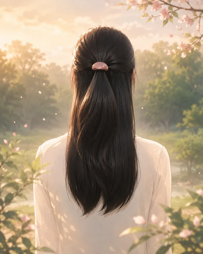 Long, healthy dark hair in a blossom garden at golden hour