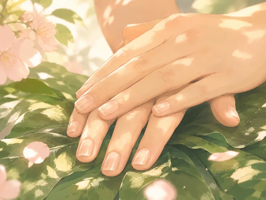Healthy natural nails — hands resting on green leaves as petals fall