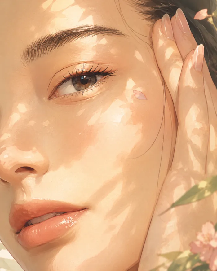 Morning light on glowing skin — a petal resting on a cheek