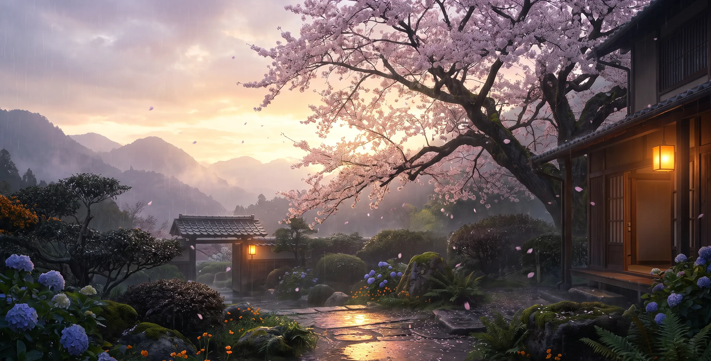 Rain falling at sunrise over a mountain garden — a cherry tree leaning over a stone path, lanterns lit, hydrangeas in the foreground