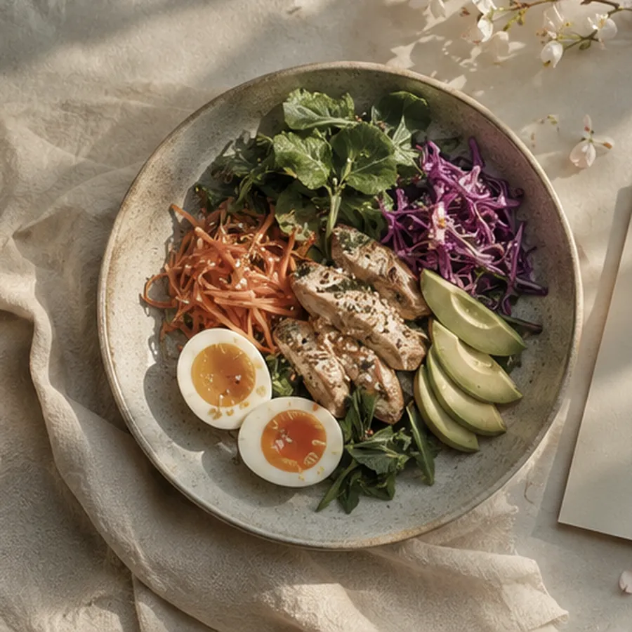 A nourishing bowl — greens, soft-boiled egg, avocado, carrot and red cabbage on linen