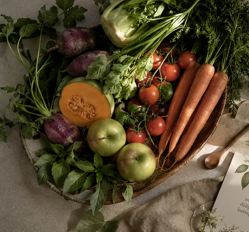 A woven basket of fresh produce — carrots, apples, tomatoes, herbs and squash